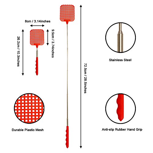 VIPITH 5 pack Extendable Fly Swatters, Durable Telescopic Mosquito Zapper Bug Killer with Plastic Surface Long handle and Anti Slip Grip (Red Blue Green Black Brown)