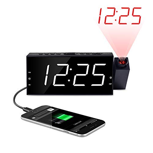 OnLyee Projection Ceiling Wall Clock, Alarm Clock, 7" LED Digital Desk/Shelf Clock with Dimmer, USB Charging, AC Powered (White-Projection Clock with Bed Shaker)