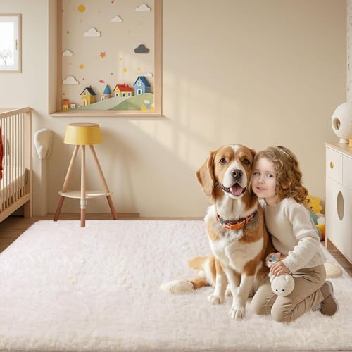 GGEROU Large Shag Area Rugs,Tie-Dyed Plush Fuzzy Rugs for Living Room, Anti Slip Fluffy Bedroom Rug,Large Area Rug Shag Shaggy Carpet for Bedroom,Nursery,Kids Room,Home Decor (White, 200 * 300cm)