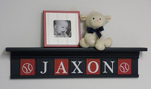 Personalized Children Nursery Sports Baseball Decor Navy Blue Shelf with Letter Wooden Plaques Red and Navy