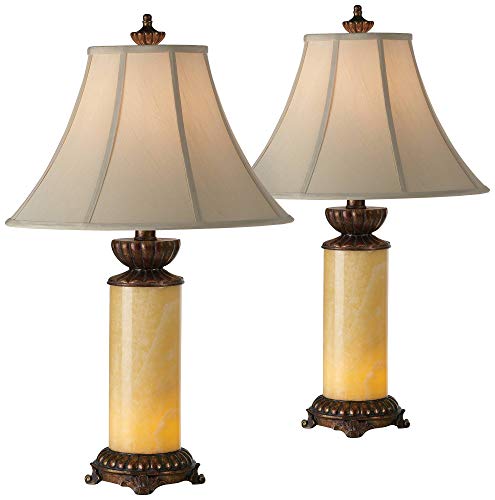 Asian Table Lamps Set of 2 Natural Onyx Stone Off White Bell Shade for Living Room Family Bedroom Nightstand - Barnes and Ivy