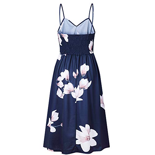 LitBud Women Sundresses Summer for Women Ladies Spaghetti Strap Casual Vintage Party Holiday Button Down Vacation Midi Swing Easter Dress with Pockets Floral Navy Blue Size 8 10 L