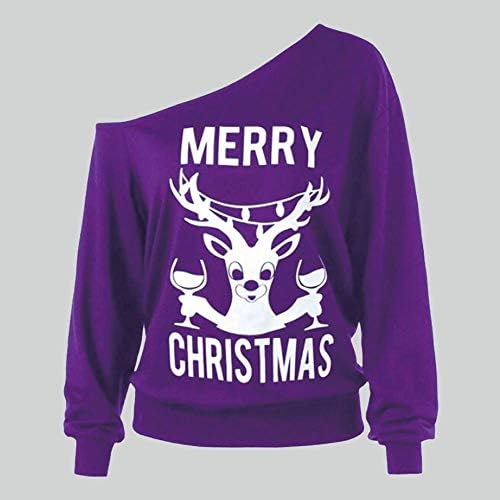 Merry Christmas Women Sweatshirt Tops Sexy Off Shoulder Long Sleeve Xmas Deer Print Fashion Cute Pullover Blouse
