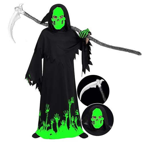 Spooktacular Creations Glow in the Dark Grim Reaper Costume for Boys, Halloween Costumes for Kids, Boys