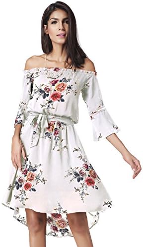 Lztlylzt Women's Floral Off Shoulder Ruffles Chiffon Party Dress (L, White)