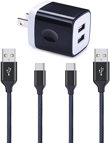 Wall Charger Adapter, HUHUTA 2.1A Dual Port USB Phone Charger Brick Plug Cube Box with 2-Pack 6FT Nylon Braided USB C Cable Charger Cord for Samsung S8 S9, LG G6 G5 V20 V30, Google Pixel, Nexus 5X/6P