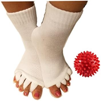 Toe Separator Yoga Gym Sports Massage Socks for Foot Alignment, Great for Sore Feet and Diabetics by TRiiM Fitness with FREE Exercise guide! (Ball + White)