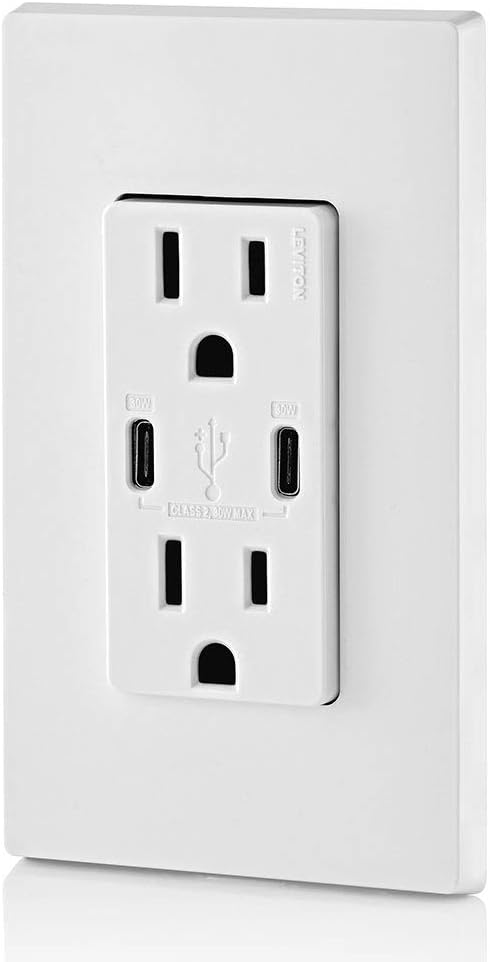 Leviton T5635-W USB Dual Type-C with Power Delivery (PD) In-Wall Charger with 15 Amp, 125 Volt Tamper-Resistant Outlet, 1-Pack, White - - 