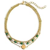 JIM'S SXP Elegant Gold Plated Layered Chain Bracelet with Green Beads and Pearls, Cuban Link Design, Adjustable Fashion Jewelry for Women