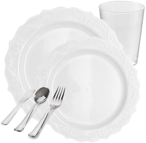 Posh Party Supplies | Elegant White Embroidered Plastic Dinnerware Package for 20 Guests | Includes Dinner & Dessert Plates, Plastic Tumblers & Cutlery | 120 Piece Total
