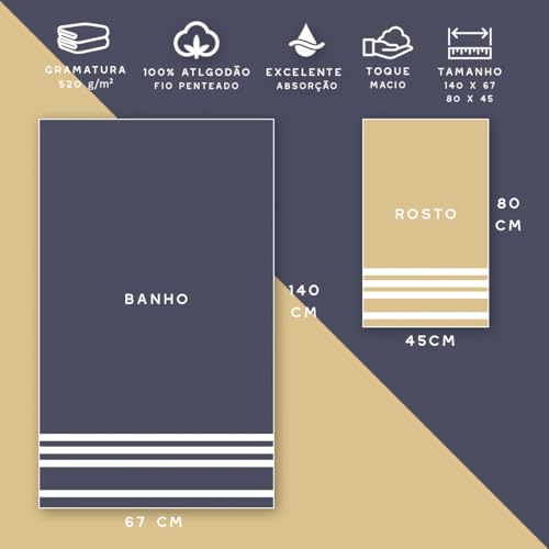 Jogo de Toalhas de Banho Luxo Lumiere 4 Peças, 100% Algodão Fio Penteado 520g/m², Padrão Hotelaria Alta Absorção, 2 Banho 67x140cm e 2 Rosto 45x80cm (Branco e Chumbo)