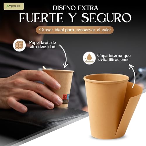 VERUPORE 210ml Disposable Coffee Cups with Wooden Sticks | Pack of 100 | BPA Free Heavy Duty Kraft Paper Cups, Suitable for Hot and Cold Drinks