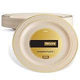DELUXE PLASTIC PARTY DISPOSABLE PLATES | 10.25 Inch Hard Wedding Dinner Plates | Ivory with Gold Rim, 20 Pack | Elegant & Fancy Heavy Duty Party Supplies Plates for all Holidays & Occasions