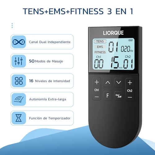 LIORQUE Muscle Electrostimulator, TENS/EMS/FITNESS Electrostimulator 3 in 1, 50 Modes, 10 Pcs TENS Electrodes, 16 Intensity Levels for Pain Relief (Black)