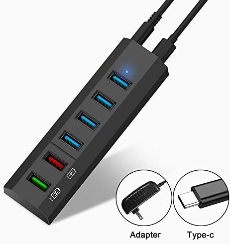 USB C Hub, RAOYI 6-Port USB Hub,24W 4 High Speed USB3.0 Data Transfer Ports, 1 Quick Charging Port & 1 Smart Charging Ports USB Splitter with Power Adapter,Black