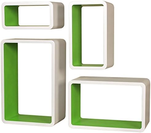 SLS Vision. Set of 4 Floating Decorative Round Corner Rectangular White and Green Wall Shelves. WG01