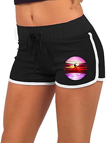 Surfer On A Wave Surfing Sunset Women's Running Workout Yoga Shorts Athletic Elastic Waist XL