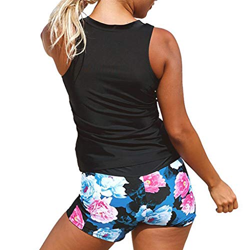 Sttech1 Women Floral Zip Front Tankini Swimsuit with Swim Shorts Sleeveless Rash Guard Surfing Swimwear Two Piece Set Blue
