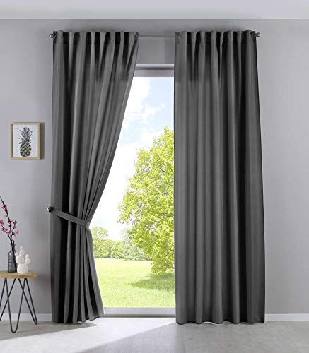 Gardinenbox Cationic Jena Set of 2 Curtains Concealed Loops Opaque Linen Look Curtains Mottled Curtain Tape with Tiebacks, 100% Polyester, Grey, H x W 225 x 140 cm
