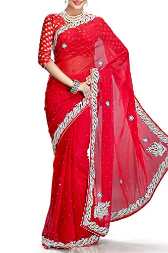 VinHem Fashion Exclusive Indian Ethnic Wear Designer Red Chiffon Saree with Stone Work