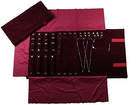 Iremico Luxury Portable Velet Jewelry Case, Travel Jewelry Roll up Organizer Combination Roll (Burgundy, L)