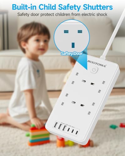 Extension Lead with 6 USB Slots (3 USB C), 4 Way Surge Protected Extension Lead 1.5M with Switch, Wall Mounted Multi Plug Power Strip for Home Bedroom Kitchen Office, White