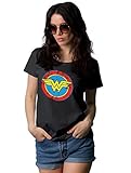 Decrum Womens Distressed Logo Wonder Woman Merchandise - Womens Superhero Shirt | Wonder Woman T Shirt Black, M
