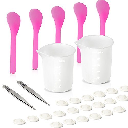 2pcs Silicone Measuring Cups for Resin, YGDZ 100ml Nonstick Resin Tools Mixing Cups, 5pcs Mixing Spoons, 20pcs Disposable Finger Cots 2pcs Tweezers for Glass Crystal Scale Jewelry Resin