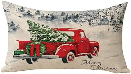 HL HLPPC Merry Christmas Throw Pillow Case Vintage Christmas Tree Red Truck Pillow Cover Holiday Rectangle 12 x 20 Inches Decorative Cotton Linen Cushion Cover for Sofa and Bed One Side Print(H4)