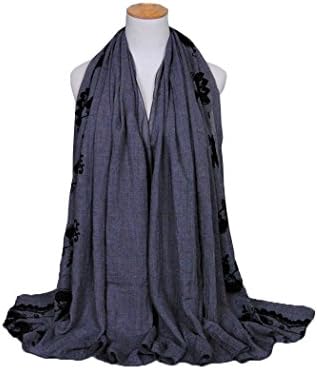 Women Cotton and linen Shawl Scarf Scarves Embroidered Flower Design (Grey)