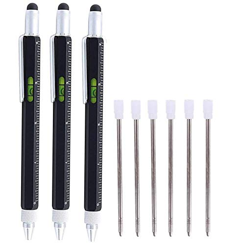 Shulaner 6 in 1 Multifunction Tech Tool Ballpoint Pen with Ruler Level Stylus and Two-Head Screwdriver Gift for Men Black 3 Pack