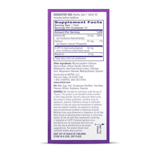 NATROL MELATONIN + 5-HTP TIME RELEASE SLEEP AID, TRIPLE ACTION FORMULA, CALM THE MIND, FALL ASLEEP FASTER AND STAY ASLEEP LONGER, 60 BI-LAYER TABLETS, UP TO A 60 DAY SUPPLY