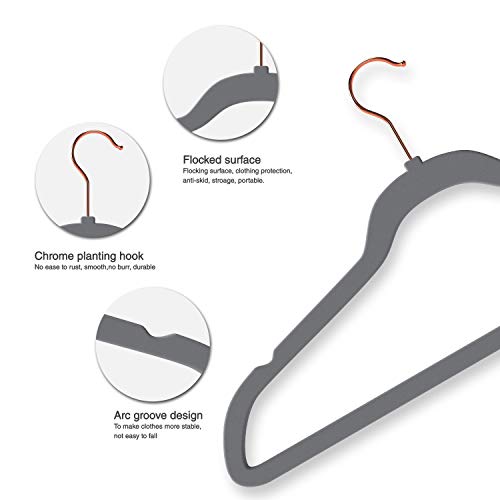 Premium Quality Velvet Hanger (Set of 50) - Ultra -Thin No Slip Velvet Suit Hangers - Swivel Rose Gold Hooks, Stronger Than Standard Velvet Hangers - Space Saving Valvet Hanger (50, Grey)