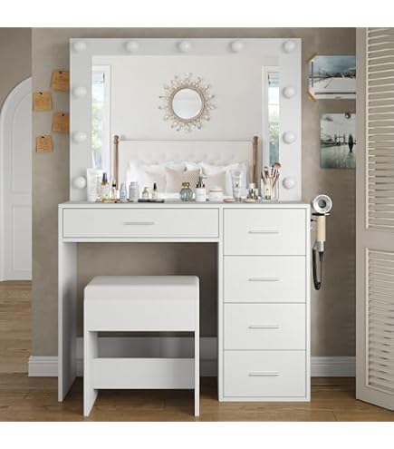 Coiffeuse Avec Miroir Lumineux LED – 10 Ampoules, 3 Modes Lumière, 7 Tiroirs + 4 étagères | Prises USB Et Support Sèche-cheveux | Noir Moderne