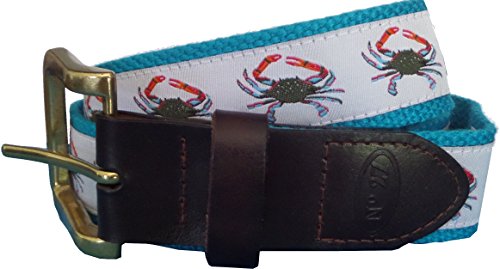 No27 Mens Blue Crab Leather Belt, Leather Tab and Buckle, Blue Crab Nautical Leather Belt