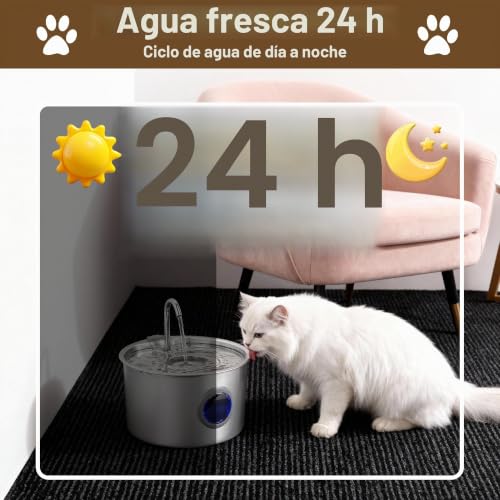 Cat Fountain Stainless Steel 3.2 L, 6 Filters and 6 Sponges | Level window, 0.5W pump and less than 25dB; system with 6 cartridges and 6 pads, detachable for cleaning