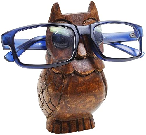 Ajuny Wooden Eye Glasses Stand Holder for Desk - Wood Eyeglass Owl Home Decor Handmade Glass Gifts for Women, Owls Eyeglasses Holders for Him