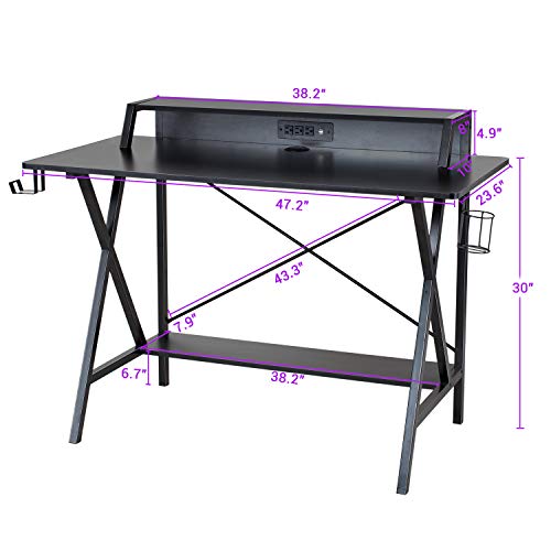 Sedeta Gaming Desk, 47" Gamer Desk, Computer Desk with USB Port and Power Outlet, Gaming Table, Gaming Workstation Desk with PC Stand Shelf, Cup Holder & Headphone Hook, Home Office Desk, Black - Image 3