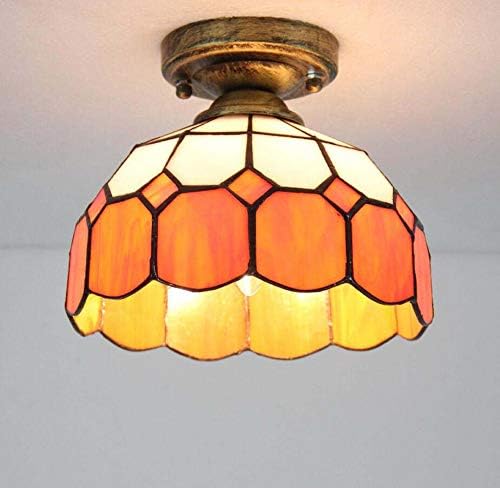 Tiffany style Ceiling Lamp, 8 Inch European Creative Stained Glass Ceiling Lamp, Hand Splicing Glass,Mediterranean lampshade, E27,Orange
