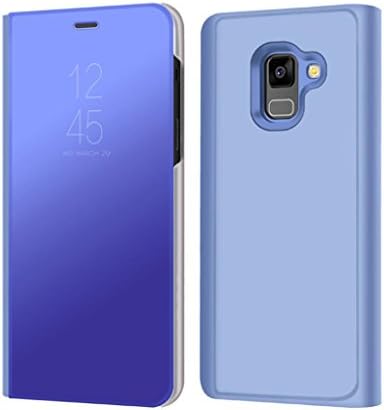 For Samsung Galaxy A8 Case Luxury Clear View Standing Mirror Flip PC Cover Shell with Smart Sleep/Wake Up Function for Women Men 2018, PC+PU Leather (Blue)