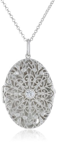 Platinum Plated Sterling Silver Cubic Zirconia Oval Locket, 21.75"