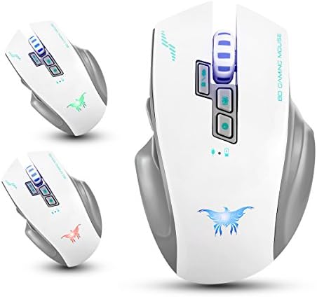 Hotyet Rechargeable 2.4G Wireless Wired Gaming Mouse Optical Mice with 4 Adjustable DPI Levels, 8 Buttons, 3 Colors Breathing Lights for PC and Mac(White)