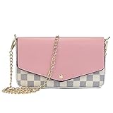 Womens Checkered Small Chain Cross Body Bag Leather Flap Purse (White)
