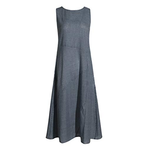 Women Cotton Linen Maxi Dress, Lady Stripe Loose Sleeveless Scoop Neck Flowy Casual Long Beach Dresses with Pockets (Large, Navy) - Thumbnail 3