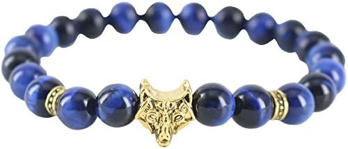 Blue Tiger eyes stones Antique gold color Wolf shaped DIY Beaded Strand Bracelets Men Women (blue tiger eyes)
