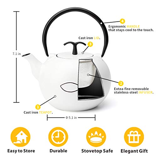 Tea Kettle, Toptier Japanese Tetsubin Cast Iron Teapot with Infuser for Loose Tea, Tea Kettle Stovetop Safe, 34 Ounce (1000 ml), White Fish