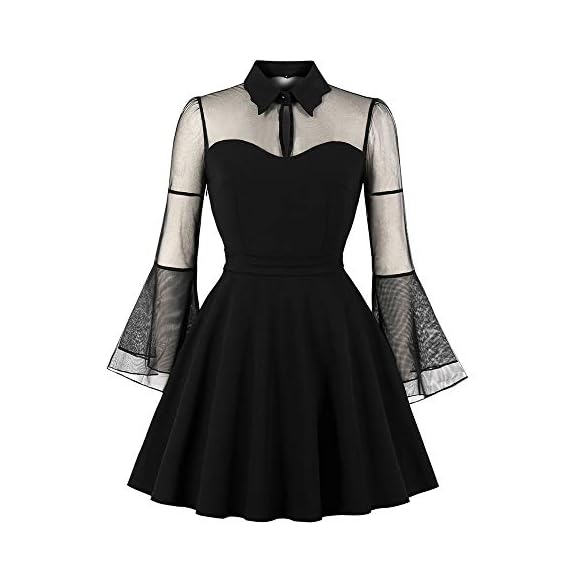 Gergeos-Vintage-Rockabilly-Dresses-Women-Mesh-Patchwork-Bell-Sleeve-Solid-Gothic-Punk-Party-Swing-DressBlackXXXX-Large