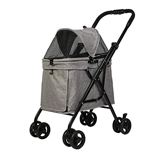Vilobos Dog Stroller Foldable for Medium Dogs Cats with Four Wheels Storage Pocket Portable Steel Frame Jogging Travel Carrier Cage,Grey