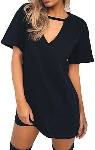 Antopmen Women Sexy V Neck Short Sleeve Choker Mini Dress
