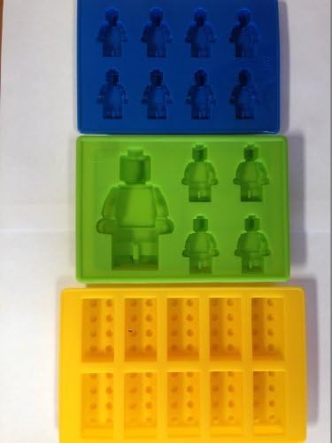 QualityStores® Yellow Building Brick & Blue & Green Multi-size Minifigure Silicone Ice Tray Candy Mold Set (Blue/Green/Yellow, 1)+ Cleaning Cloth